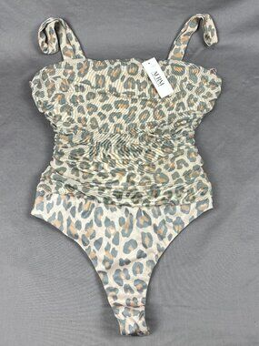 NWT AFRM Leopard Print Mesh Bodysuit Women L Ruched Thong Snap Closure No Sleeve